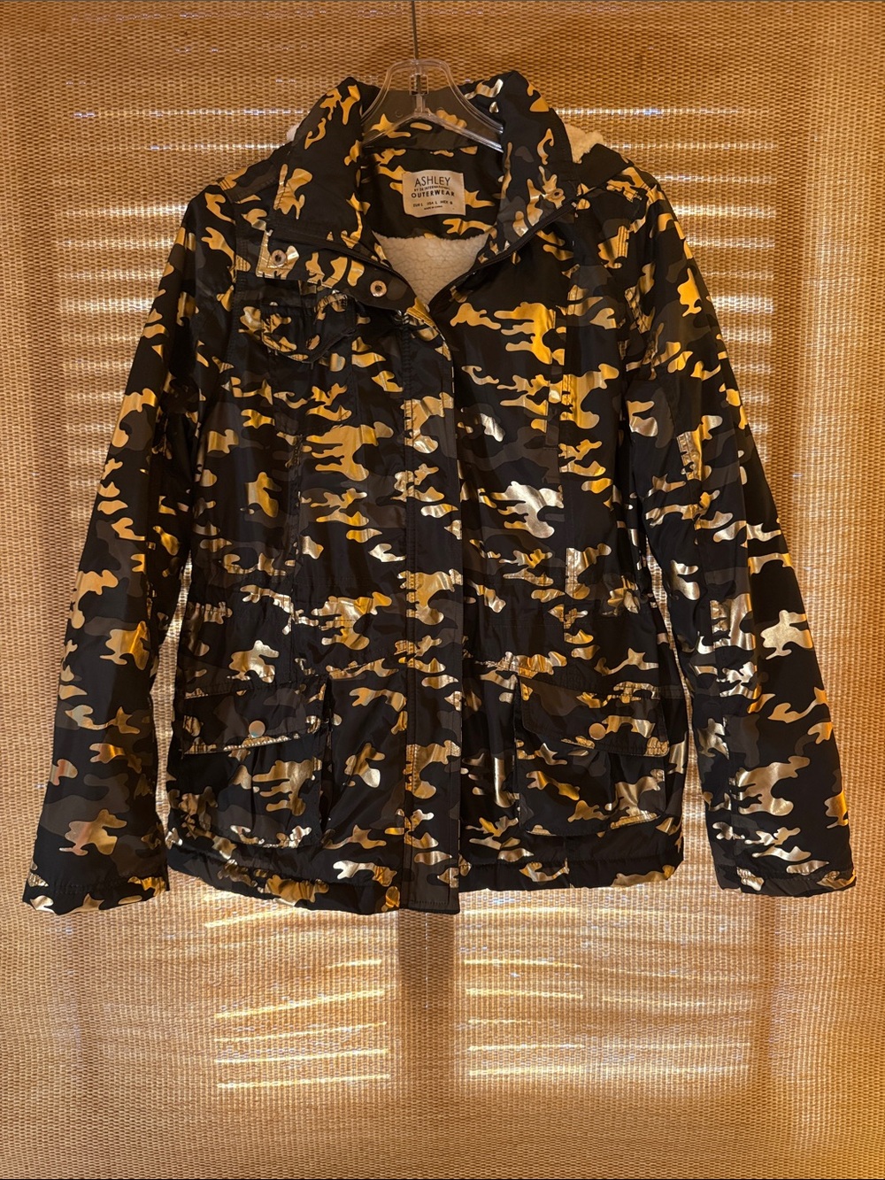 Ashley By 26 International Black and Gold Camo Hooded Utility Jacket